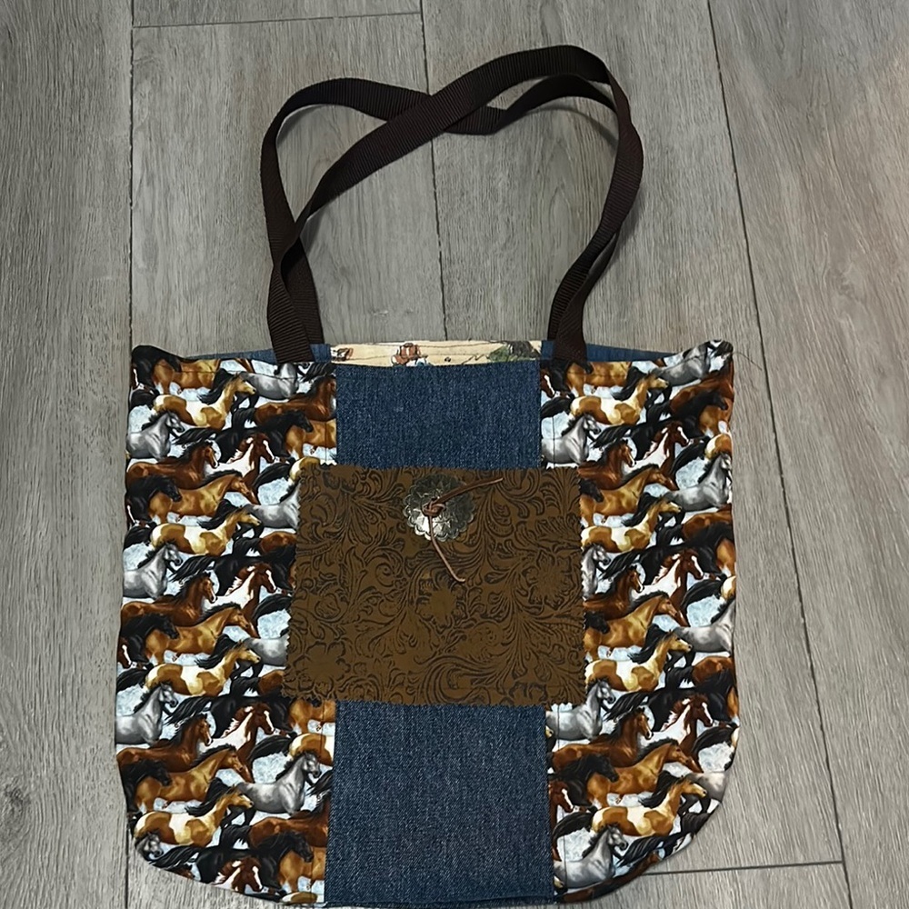 Western Brown and Blue Horse Print Tote Bag